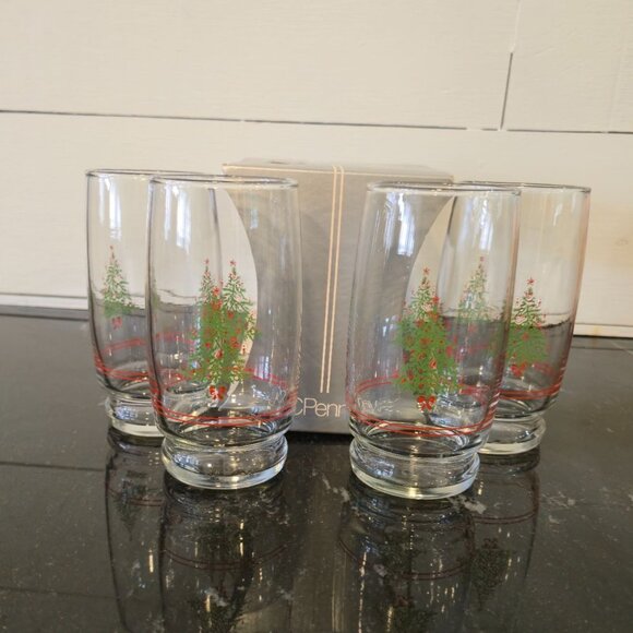 Vintage JCPenney Christmas Tree Glasses Set 4 Holiday drinkware  NOS - Picture 2 of 14